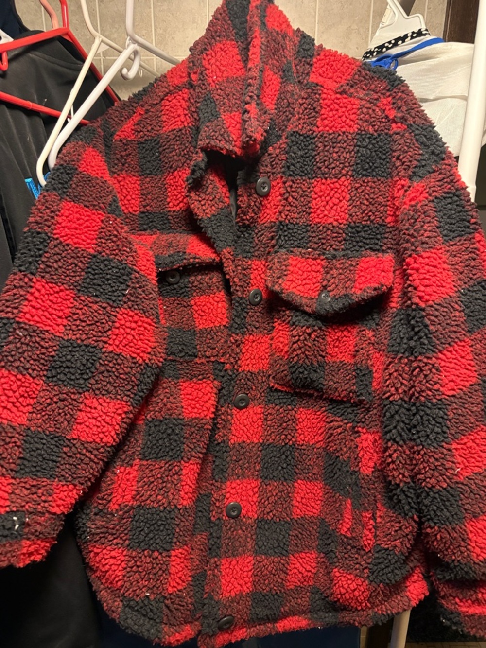 American Eagle Outfitters Red and Black Sherpa Plaid Jacket